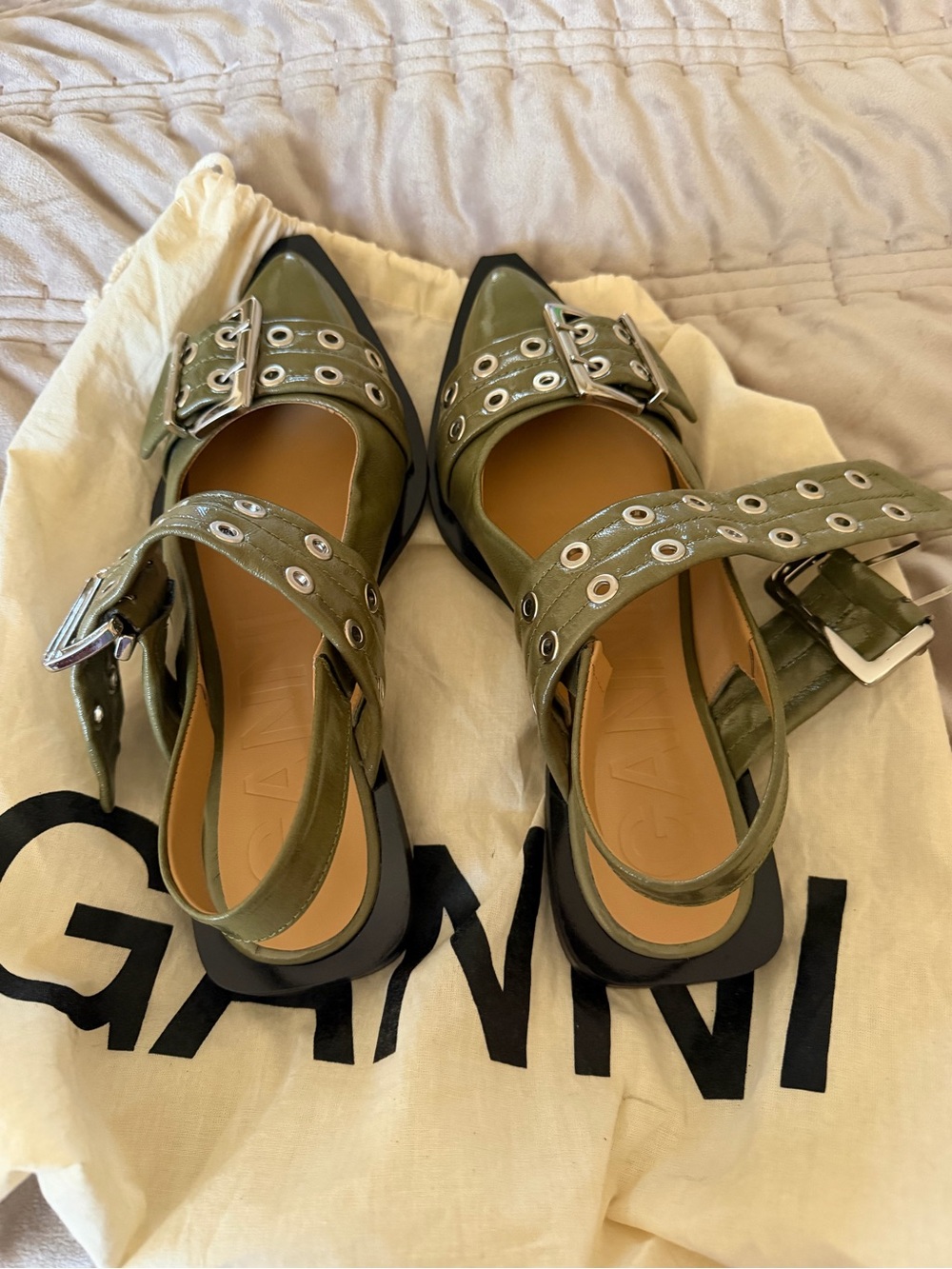 Ganni chunky buckle ballerina flat green kalamata size 37 NWT